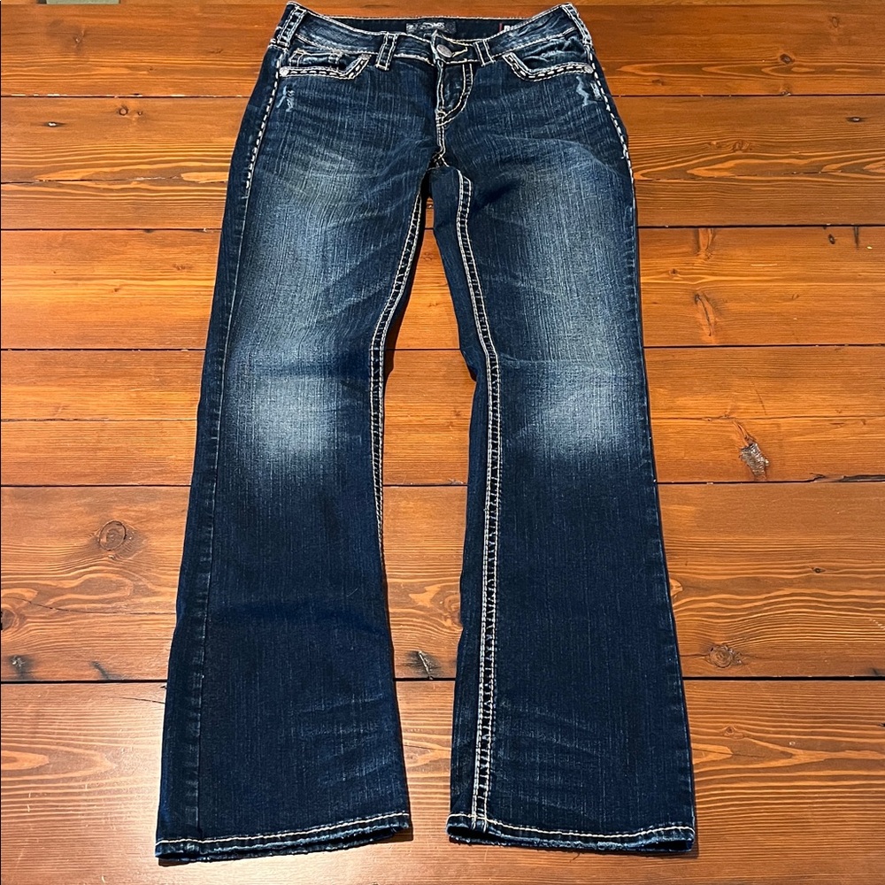 Silver Jeans - Aiko Mid Rise Boot Cut Dark Wash Contrast Stitching - Size 27